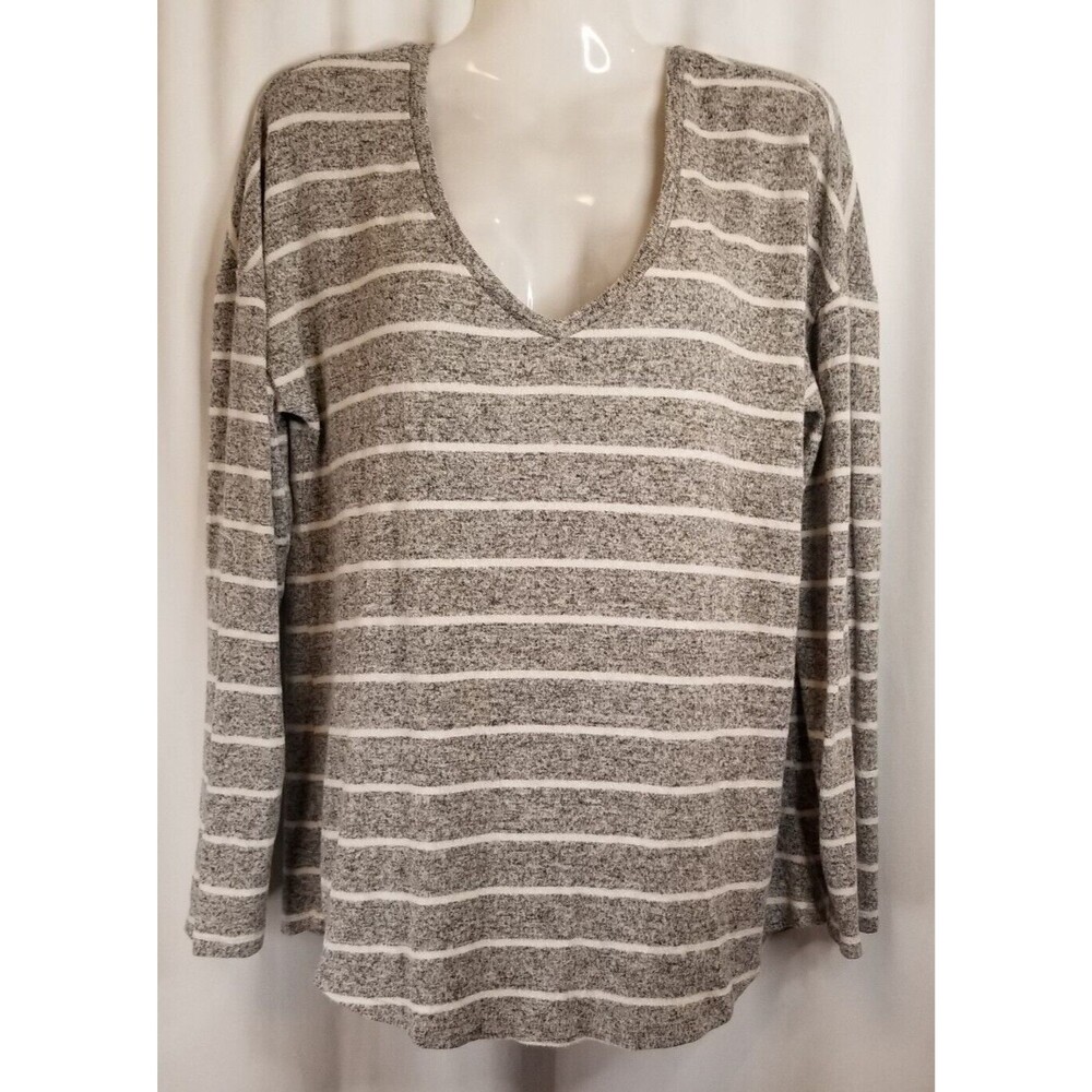 Women's Striped Tunic Top V-Neck Gray & White Long Sleeve V-Neck Size Medium
